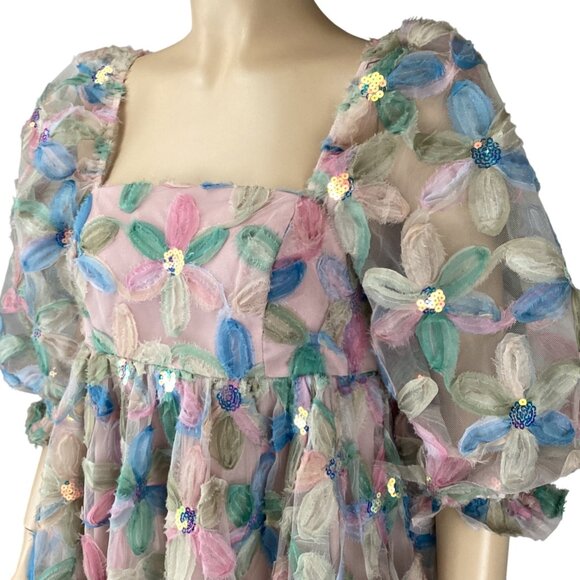 Storia Womens Dress Size Small Stacy Sequins Floral Puff Sleeve Babydoll - Picture 8 of 11